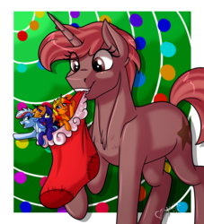 Size: 2900x3200 | Tagged: safe, artist:jack-pie, oc, oc only, pony, unicorn, christmas, christmas stocking, high res, holiday, micro, mouth hold, raised hoof, signature, size difference, walking