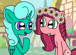 Size: 520x376 | Tagged: safe, artist:徐詩珮, glitter drops, gloriosa daisy, alicorn, earth pony, pony, equestria girls, g4, my little pony: the movie, equestria girls ponified, female, floral head wreath, flower, glittercorn, glitterosa, lesbian, ponified, ponyville, shipping