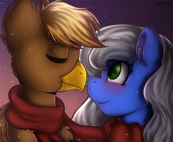 Size: 1500x1232 | Tagged: safe, artist:deraniel, oc, oc only, griffon, pony, blushing, clothes, digital art, eyes closed, female, gradient background, looking at each other, male, mare, oc x oc, scarf, shipping, signature, snow, straight, ych result