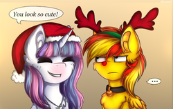 Size: 782x494 | Tagged: safe, artist:deraniel, oc, oc only, oc:fire sky, oc:winter eclipse, pegasus, pony, unicorn, choker, christmas, dialogue, digital art, duo, ear fluff, eyes closed, female, frown, gradient background, hat, holiday, jewelry, laughing, male, mare, necklace, red nose, santa hat, signature, stallion, unamused, ych result