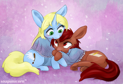 Size: 1741x1200 | Tagged: safe, artist:soapunicorn, oc, oc only, oc:art's desire, oc:penny, earth pony, pony, unicorn, abstract background, couple, digital art, duo, female, lesbian, looking at each other, mare, oc x oc, shipping, signature, snow, ych result