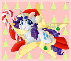 Size: 1024x875 | Tagged: safe, artist:sk-ree, rarity, pony, unicorn, g4, candy, candy cane, christmas, clothes, commission, cute, female, food, hat, holiday, mare, raribetes, santa hat, smiling, socks, solo, ych result