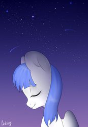 Size: 2040x2944 | Tagged: safe, artist:bestiary, oc, oc only, oc:snow pup, pegasus, pony, blue hair, blue mane, digital art, eyes closed, female, gradient background, high res, mare, night, signature, solo, ych result