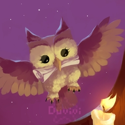 Size: 2000x2000 | Tagged: safe, artist:duvivi, owlowiscious, bird, owl, g4, candle, flying, high res, male, mouth hold, night, night sky, scroll, signature, sky, solo, spread wings, wings