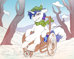 Size: 2020x1620 | Tagged: safe, artist:devi_shade, oc, oc only, pony, unicorn, clothes, commission, digital art, female, frown, hat, mare, scarf, signature, snow, solo, tree, wheelchair, winter, ych result