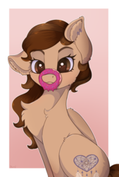 Size: 2280x3380 | Tagged: safe, artist:buruu, artist:burû, oc, oc only, oc:april, pony, chest fluff, digital art, donut, ear fluff, ear piercing, female, food, gradient background, high res, mare, piercing, signature, solo, ych result