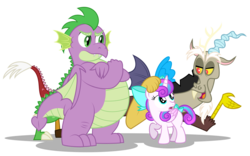 Size: 3098x1936 | Tagged: safe, artist:aleximusprime, discord, princess flurry heart, spike, alicorn, draconequus, dragon, pony, flurry heart's story, g4, adult, adult spike, bow, chaos, crossed arms, fat, fat spike, female, filly, filly flurry heart, male, older, older flurry heart, older spike, show accurate, simple background, spike is not amused, talking, transparent background, unamused, vector, winged spike, wings