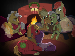 Size: 11522x8510 | Tagged: safe, artist:faitheverlasting, apple bloom, applejack, big macintosh, bright mac, grand pear, granny smith, pear butter, sugar belle, earth pony, ghost, pony, undead, unicorn, g4, absurd file size, absurd resolution, apple family, apple siblings, apple sisters, book, bright mac's ghost, christmas wreath, cuddling, elderly, father and daughter, father and son, father and son-in-law, female, filly, fireplace, grandfather and grandchild, grandfather and granddaughter, grandfather and grandson, grandmother and grandchild, grandmother and granddaughter, grandmother and grandson, hearth's warming, male, mare, mother and child, mother and daughter, mother and daughter-in-law, mother and son, pear butter's ghost, reading, ship:sugarmac, shipping, sleeping, snuggling, stallion, straight, talking, wall of tags, wreath