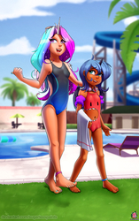Size: 1428x2280 | Tagged: safe, artist:sugarlesspaints, princess celestia, princess luna, human, barefoot, bikini, breasts, cewestia, clothes, crotch bulge, dark skin, feet, female, filly, grass, horned humanization, humanized, one-piece swimsuit, open-back swimsuit, royal sisters, shark swimsuit, sisters, small breasts, smiling, sports swimsuit, swimming pool, swimsuit, winged humanization, wings, woona, younger