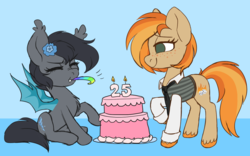 Size: 1384x861 | Tagged: safe, artist:sickly-sour, oc, oc only, oc:parlay, oc:seachell, bat pony, earth pony, pony, bat pony oc, birthday, birthday cake, cake, celebration, chest fluff, clothes, female, flower, flower in hair, food, freckles, mare, necktie, party horn, unshorn fetlocks, vest