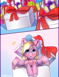 Size: 2480x3262 | Tagged: safe, artist:lucengue, artist:luxuryblackpants, oc, oc only, oc:bay breeze, pegasus, pony, blushing, bow, box, cute, female, hair bow, high res, looking up, mare, pony in a box, present, spread wings, wings