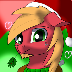 Size: 1000x1000 | Tagged: safe, artist:endelthepegasus, big macintosh, earth pony, pony, g4, beard, bust, christmas, clothes, facial hair, hat, holiday, holly, horse collar, looking at you, male, santa hat, smiling, solo, stallion, straw in mouth, sweater