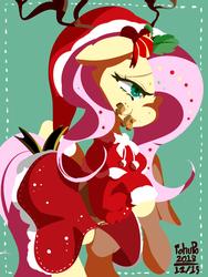 Size: 900x1200 | Tagged: safe, artist:tohupo, fluttershy, pegasus, pony, g4, christmas, clothes, cookie, costume, eating, female, floppy ears, food, hat, holiday, hooves, lineless, mare, santa costume, santa hat, solo