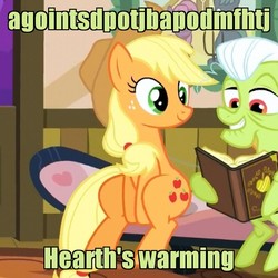 Size: 800x800 | Tagged: safe, edit, edited screencap, screencap, applejack, granny smith, earth pony, pony, apple family reunion, g4, book, caption, cropped, duo, female, gibberish, hearth's warming, image macro, mare, rapsittie street kids: believe in santa, reading, sitting, sitting up, text