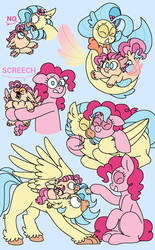 Size: 1024x1656 | Tagged: safe, artist:sandwichbuns, pinkie pie, princess skystar, oc, oc:spongecake, classical hippogriff, hippogriff, seapony (g4), g4, cuddling, female, lesbian, magical lesbian spawn, offspring, parent:pinkie pie, parent:princess skystar, parents:skypie, ship:skypie, shipping