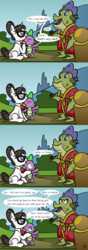Size: 2039x5784 | Tagged: safe, artist:pony4koma, raven, sludge (g4), spike, dragon, pony, unicorn, father knows beast, g4, clothes, female, glasses, hair bun, hugh hefner, interspecies, male, older, older spike, ponyville, racism, reference, robe, ship:ravenspike, shipping, spikelove, straight, twilight's castle, winged spike, wings
