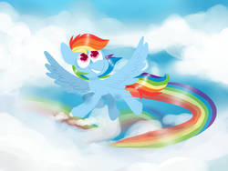 Size: 1032x774 | Tagged: safe, artist:sinshi-666, rainbow dash, pegasus, pony, g4, cloud, colored pupils, cute, female, flying, smiling, solo