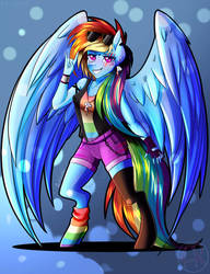 Size: 784x1019 | Tagged: safe, artist:artquake1511, rainbow dash, anthro, g4, bracelet, clothes, gloves, hand, jewelry, necklace, pony ears, sexy, shirt, shorts, socks, sunglasses, t-shirt, wings