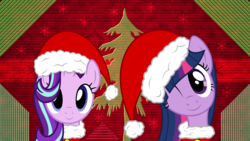 Size: 3840x2160 | Tagged: safe, artist:laszlvfx, artist:pink1ejack, edit, starlight glimmer, twilight sparkle, pony, unicorn, g4, christmas, cute, female, glimmerbetes, hat, high res, holiday, looking at you, mare, one eye closed, santa hat, smiling, twiabetes, wallpaper, wallpaper edit, wink
