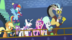 Size: 1280x720 | Tagged: safe, screencap, applejack, discord, princess cadance, princess flurry heart, rainbow dash, rarity, shining armor, spike, dragon, earth pony, pegasus, pony, unicorn, g4, my little pony best gift ever, female, male, winged spike, wings