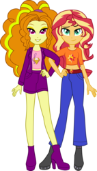 Size: 1846x3248 | Tagged: safe, artist:limedazzle, adagio dazzle, sunset shimmer, equestria girls, g4, my little pony equestria girls: rainbow rocks, clothes, female, lesbian, pants, reformed villain, ship:sunsagio, shipping, shirt, show accurate, simple background, smiling, transparent background