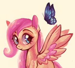 Size: 1008x914 | Tagged: safe, artist:switchsugar, fluttershy, butterfly, pegasus, pony, g4, bust, colored wings, female, filly, looking sideways, simple background, sitting, smiling, solo, spread wings, three quarter view, wings