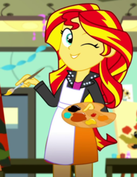 Size: 536x691 | Tagged: safe, screencap, sunset shimmer, equestria girls, g4, my little pony equestria girls: summertime shorts, the art of friendship, cropped, cute, female, one eye closed, shimmerbetes, solo, wink
