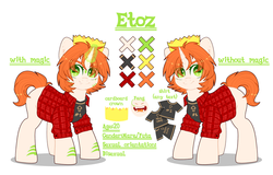 Size: 3600x2300 | Tagged: safe, artist:etoz, oc, oc only, oc:etoz, pony, unicorn, clothes, crown, fangs, female, green eyes, high res, jewelry, magic, mare, open mouth, orange hair, reference sheet, regalia, shirt, simple background, smiling, text, white background