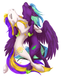 Size: 1143x1467 | Tagged: safe, artist:requiem♥, oc, oc only, oc:daylily, oc:zolifer, pegasus, pony, cheek fluff, commission, cute, cutie mark, dancing, duo, ear fluff, female, green hooves, hooves, lesbian, long mane, long tail, love, male, oc x oc, purple fur, shipping, simple background, smiling, straight, transparent background, white fur, wings, ych result