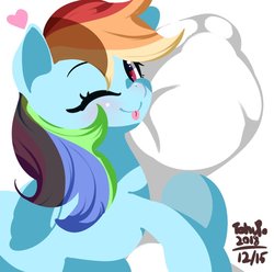 Size: 942x934 | Tagged: safe, artist:tohupo, rainbow dash, pegasus, pony, g4, cute, female, heart, hooves, hug, lineless, mare, one eye closed, pillow, pillow hug, solo, tongue out, wings