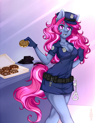 Size: 1275x1650 | Tagged: safe, artist:nanniras, oc, oc only, anthro, anthro oc, breasts, cleavage, donut, female, food, police uniform, solo