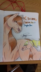 Size: 3264x1836 | Tagged: safe, artist:mya-chan nina, oc, oc only, oc:bichara jabour, oc:bichara jabour's daughter, horse, blonde, brown eyes, brown mane, colored, daughter, eyes closed, family, female, foal, glasses, long mane, long tail, looking at you, looking back, looking back at you, mare, mother, mother and daughter, next generation, parent, running, scrunchie, signed, simple background, smiling, title, traditional art