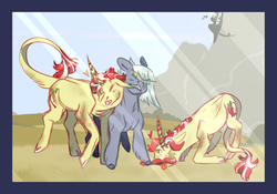 Size: 1190x835 | Tagged: safe, artist:eqq_scremble, derpibooru exclusive, flam, flim, limestone pie, classical unicorn, earth pony, pony, unicorn, eqqverse, g4, alternate design, biting, cloven hooves, dirty, ear bite, ear pull, facial hair, female, flaimstone, flamstone, flim flam brothers, flimstone, grin, headcanon, horn, leonine tail, male, moustache, next generation, picture frame, polyamory, shipping, smiling, straight