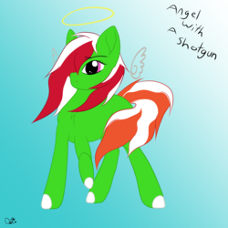 Size: 3000x3000 | Tagged: safe, artist:dreamcatcher, oc, oc only, oc:wandering sunrise, angel, earth pony, pony, fallout equestria, fallout equestria: dead tree, angel with a shotgun, doodle, ep, fallout, fanart, fanfic, fanfic art, fanfiction character, female, fiaura, gradient background, high res, hooves, mare, solo, song reference, tank girl, text, the cab, wandering sunrise