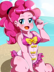 Size: 1200x1600 | Tagged: safe, artist:umejiru, pinkie pie, equestria girls, equestria girls specials, g4, my little pony equestria girls: better together, my little pony equestria girls: forgotten friendship, anime, beach, candy, clothes, female, food, lollipop, plump, solo, swimsuit