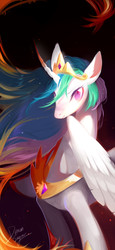 Size: 651x1413 | Tagged: safe, artist:dreamsugar, daybreaker, princess celestia, alicorn, pony, g4, curved horn, duality, female, horn, jewelry, looking at you, mare, regalia, solo