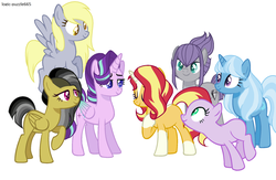 Size: 2056x1344 | Tagged: safe, artist:the-75th-hunger-game, daring do, derpy hooves, maud pie, starlight glimmer, sunset shimmer, trixie, alicorn, earth pony, pegasus, pony, unicorn, g4, alicornified, alternate hairstyle, alternate universe, blaze (coat marking), coat markings, colored wings, colored wingtips, facial markings, female, mare, race swap, simple background, socks (coat markings), starlicorn, white background, wip