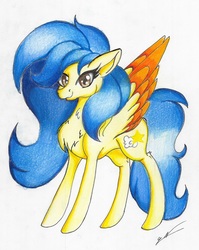 Size: 1569x1973 | Tagged: safe, artist:luxiwind, oc, oc only, oc:gold aura, pegasus, pony, female, mare, solo, traditional art, two toned wings