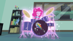 Size: 800x450 | Tagged: safe, screencap, pinkie pie, sunset shimmer, equestria girls, g4, my little pony equestria girls: friendship games, the science of magic, animated, animated screencap, balloon, drums, female, gif, musical instrument, ponied up, sunset the science gal, that pony sure does love balloons