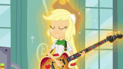 Size: 800x450 | Tagged: safe, screencap, applejack, sunset shimmer, equestria girls, g4, my little pony equestria girls: friendship games, the science of magic, animated, animated screencap, apple, applejack's hat, bass guitar, clipboard, clothes, cowboy hat, duo, duo female, eating, eyes closed, female, food, gif, guitar, hat, lab coat, magic, musical instrument, open mouth, ponied up, sunset the science gal, that pony sure does love apples