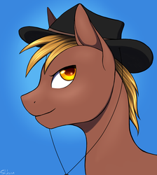 Size: 2073x2310 | Tagged: safe, artist:shkura2011, oc, oc only, oc:calamity, pegasus, pony, fallout equestria, blue background, bust, cowboy hat, dashite, fanfic, fanfic art, gradient background, hat, high res, male, portrait, profile, simple background, solo, stallion