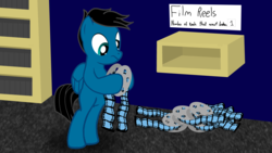 Size: 3840x2160 | Tagged: safe, artist:agkandphotomaker2000, oc, oc only, oc:pony video maker, pegasus, pony, bipedal, broken, disappointed, film reel, footage room, high res, male, solo