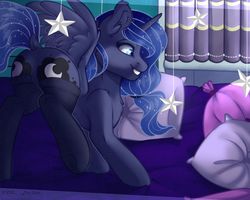 Size: 2500x2000 | Tagged: safe, artist:villjulie, princess luna, alicorn, pony, g4, both cutie marks, clothes, dock, ear fluff, female, high res, mare, pillow, socks, solo