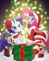 Size: 1080x1338 | Tagged: safe, artist:dstears, pinkie pie, rarity, earth pony, pony, unicorn, g4, bell, christmas, christmas tree, clothes, female, hat, holiday, mare, mouth hold, present, santa hat, smiling, socks, striped socks, tree