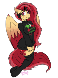 Size: 768x1024 | Tagged: safe, artist:rubysplash2018, oc, oc only, oc:ruby splash, bat pony, anthro, bat pony oc, bottomless, bow, clothes, hair bow, hairclip, how the grinch stole christmas, hybrid wings, jumper, partial nudity, simple background, socks, solo, sweater, the grinch, thigh highs, transparent background