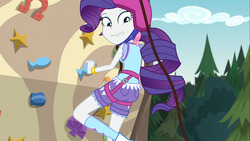 Size: 1280x720 | Tagged: safe, screencap, rarity, equestria girls, g4, my little pony equestria girls: legend of everfree, ass, butt, clothes, female, helmet, rearity, rock climbing, shorts, solo