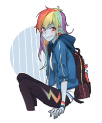 Size: 750x900 | Tagged: safe, artist:dcon, rainbow dash, equestria girls, g4, my little pony equestria girls: better together, anime, backpack, beautiful, blushing, clothes, female, implied appledash, implied lesbian, implied shipping, looking at you, multicolored hair, smiling, solo