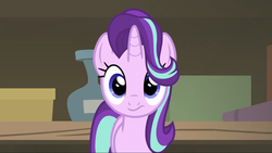Size: 1280x720 | Tagged: safe, screencap, starlight glimmer, pony, unicorn, g4, uncommon bond, :s, antique store, box, confused, cute, female, glimmerbetes, hair flip, hair over one eye, horn, looking at you, mare, shelf, solo, vase, wavy mouth