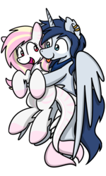 Size: 1500x2500 | Tagged: safe, artist:sugar morning, oc, oc only, oc:prince nova, oc:rainy skies, alicorn, original species, pony, shark pony, 2019 community collab, derpibooru community collaboration, carrying, couple, duo, ear piercing, earring, flying, jewelry, looking at each other, novaskies, piercing, simple background, tongue out, transparent background