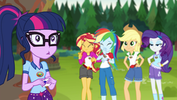 Size: 1920x1080 | Tagged: safe, screencap, applejack, rainbow dash, rarity, sci-twi, sunset shimmer, twilight sparkle, equestria girls, g4, my little pony equestria girls: legend of everfree, camp everfree outfits, female, forest, glasses, ponytail, tree